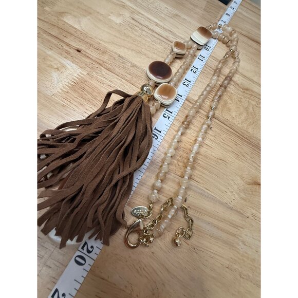 Chicos Long Beaded Necklace W/ Leather Tassel & Gradient Brown Accents - Picture 9 of 16